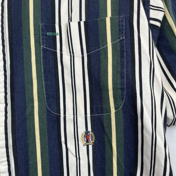 Vintage 90s Tommy Hilfiger Men's Shirt XL SS Button Up Crest Stripes Preppy Logo - Picture 9 of 12
